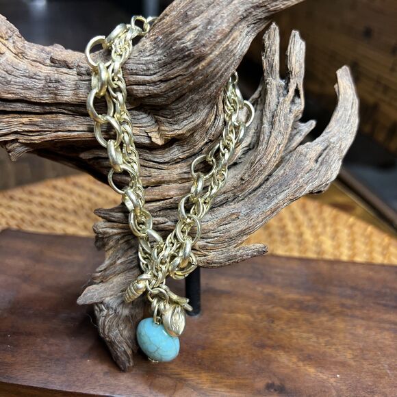 Link CharmBracelet Boho Chunky Heart Gold Tone, Moon Star Turquoise Like Charm - Picture 1 of 5